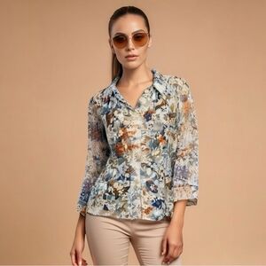Women Isabel Hayley Timeless Trends Blue Floral Blouse 3/4 Sleeve ButtonUp Shirt